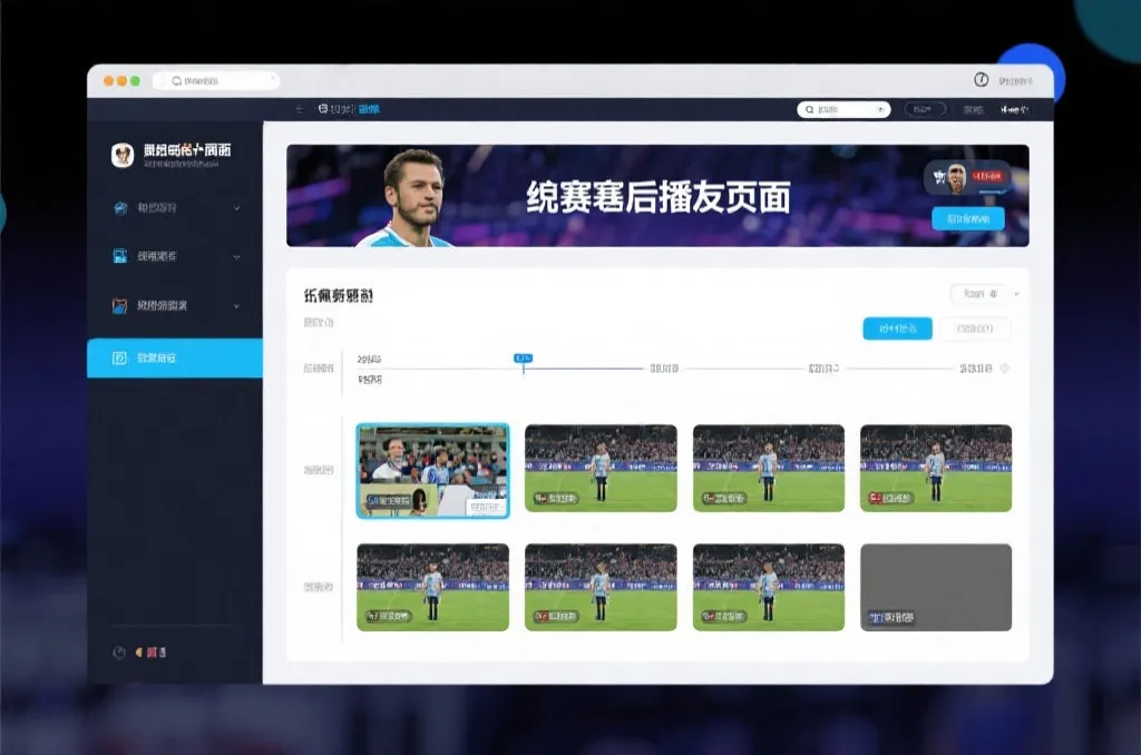 比赛结束后，电视屏幕展示集锦回放页面，旁边有时间轴和多角度切换提示